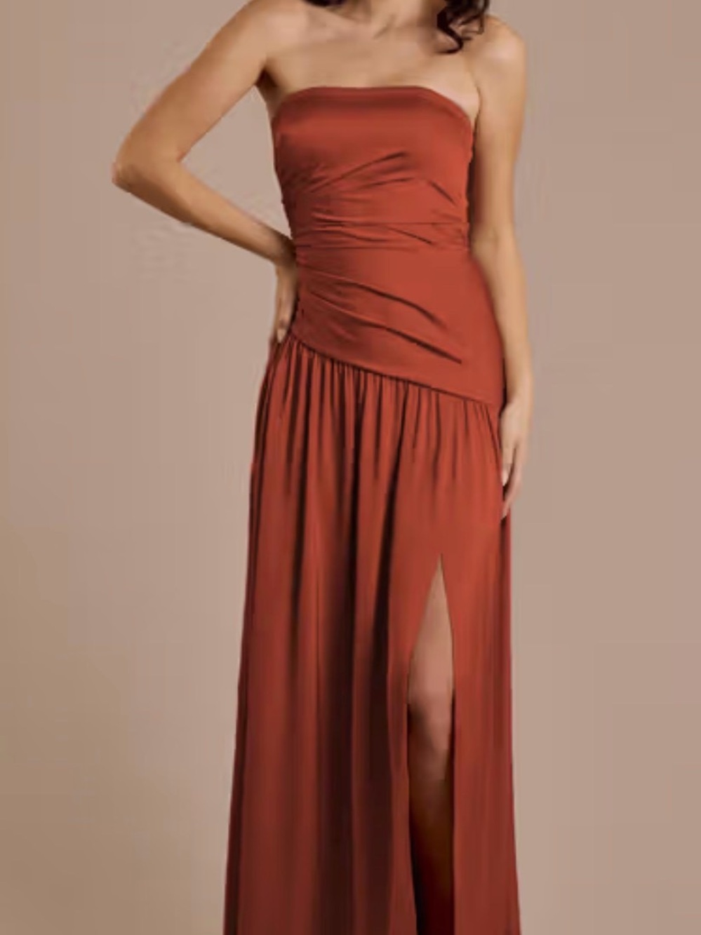 David’s Bridal Matte Satin Strapless Drop Waist Dress in Cinnamon